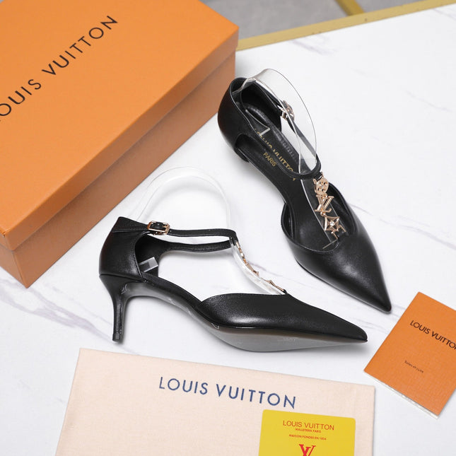 LV 26S ELEGANT T-STRAP HEELS 65MM IN BLACK CALFSKIN GOLD HARDWARE