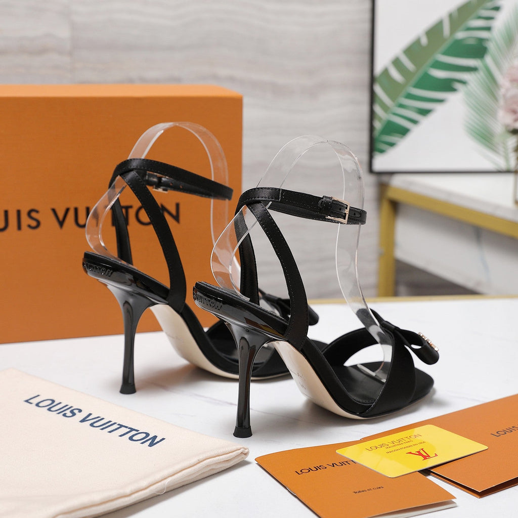 LV 26S 6AM SANDALS 90MM IN BLACK SATIN WITH BOW