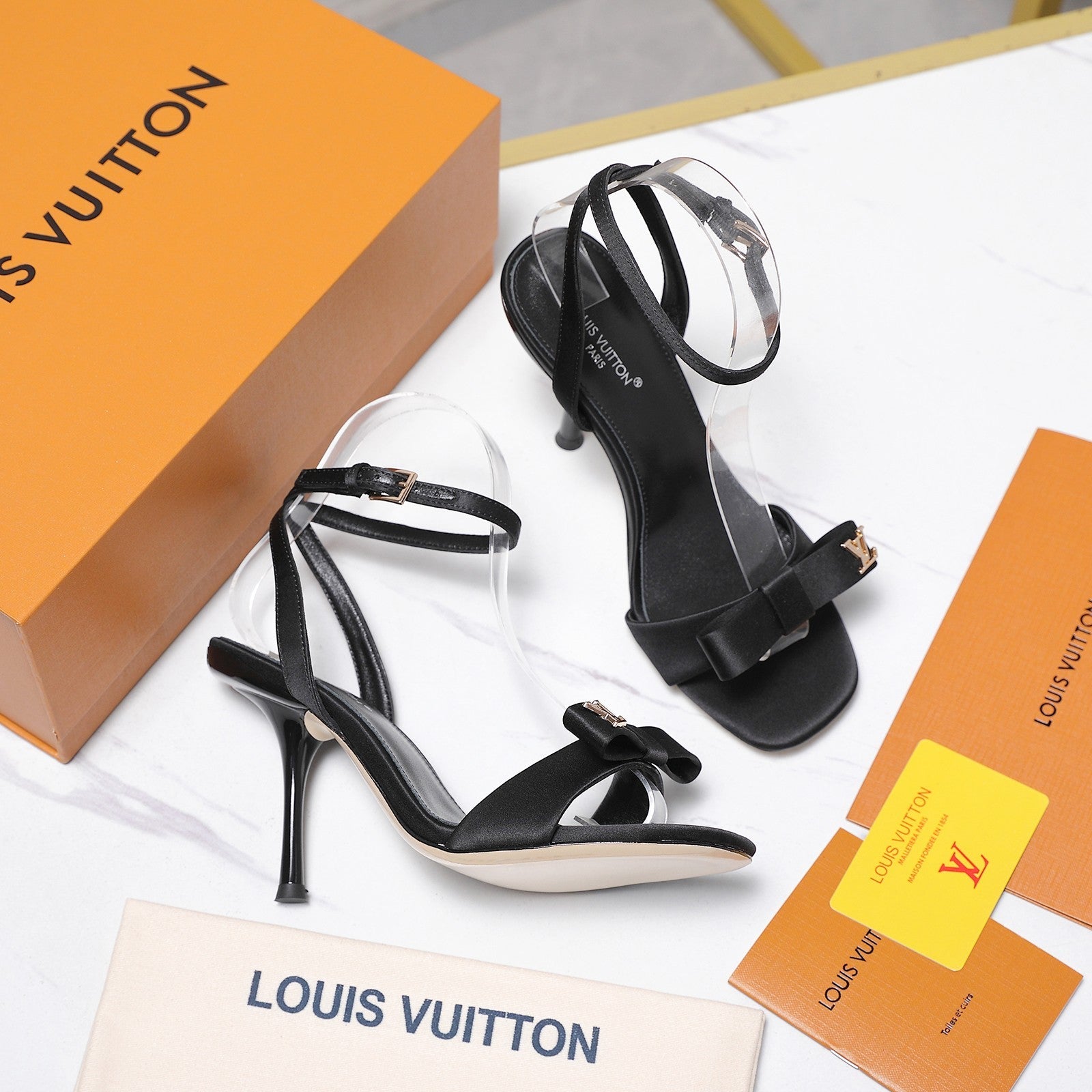 LV 26S 6AM SANDALS 90MM IN BLACK SATIN WITH BOW