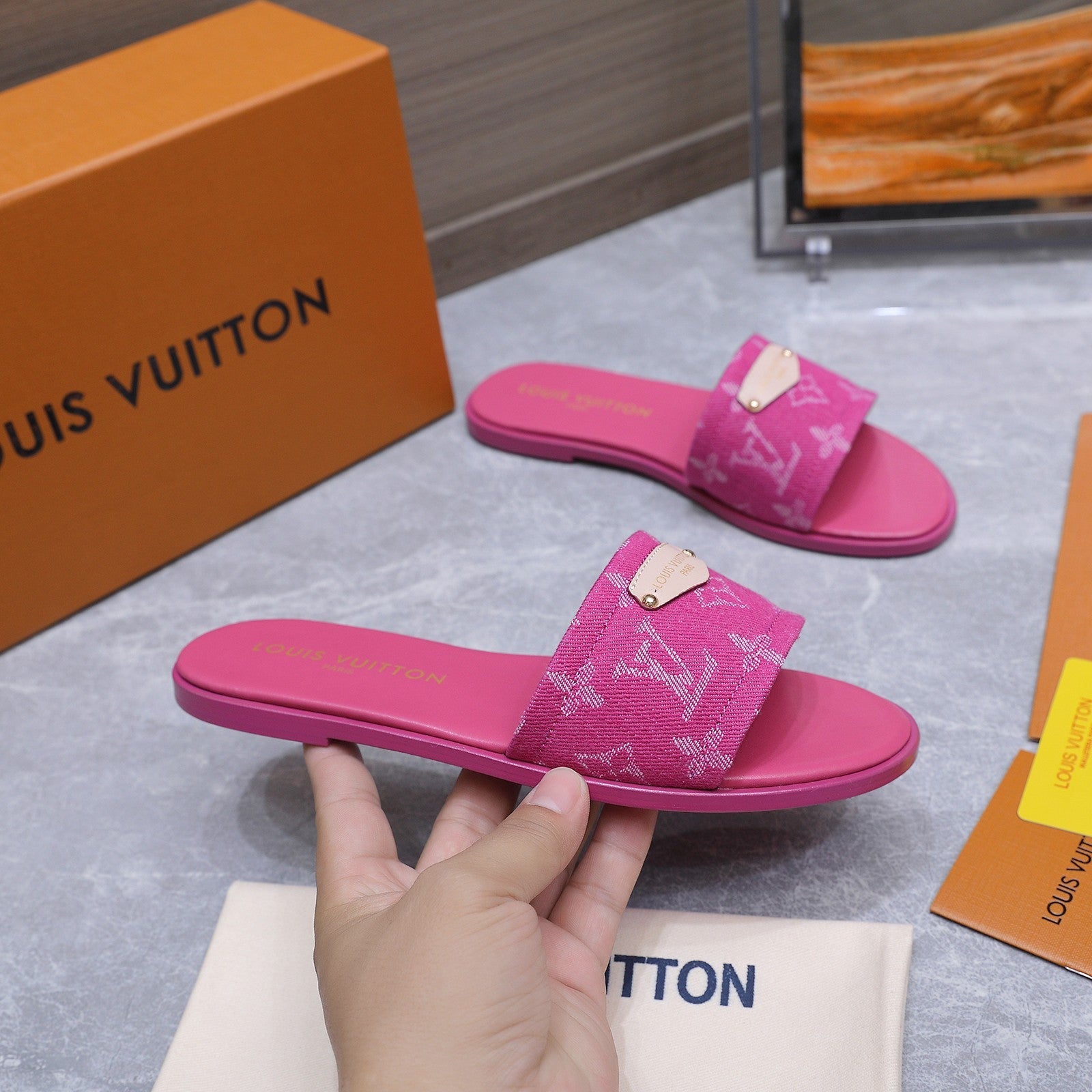 LV 26S FLAT SLIDE SANDALS IN HOT PINK MONOGRAM CANVAS AND CALFSKIN