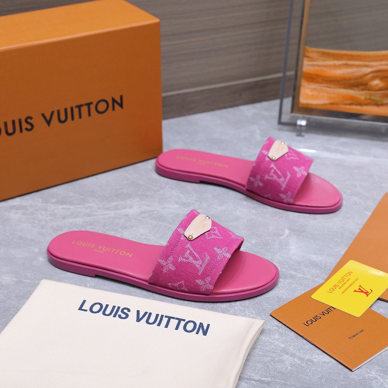 LV 26S FLAT SLIDE SANDALS IN HOT PINK MONOGRAM CANVAS AND CALFSKIN