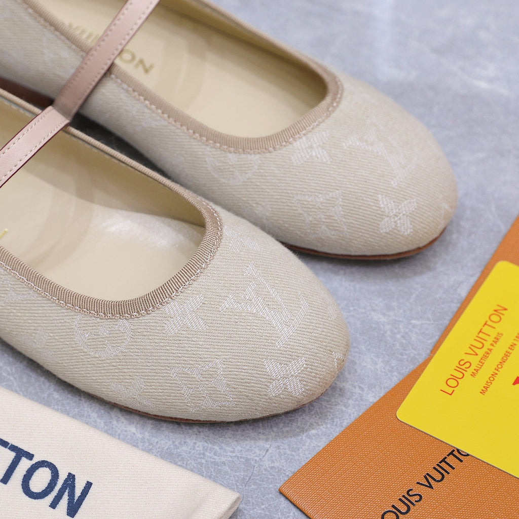 LV 26S MARY JANE FLATS IN BEIGE MONOGRAM DENIM WITH CALFSKIN STRAP