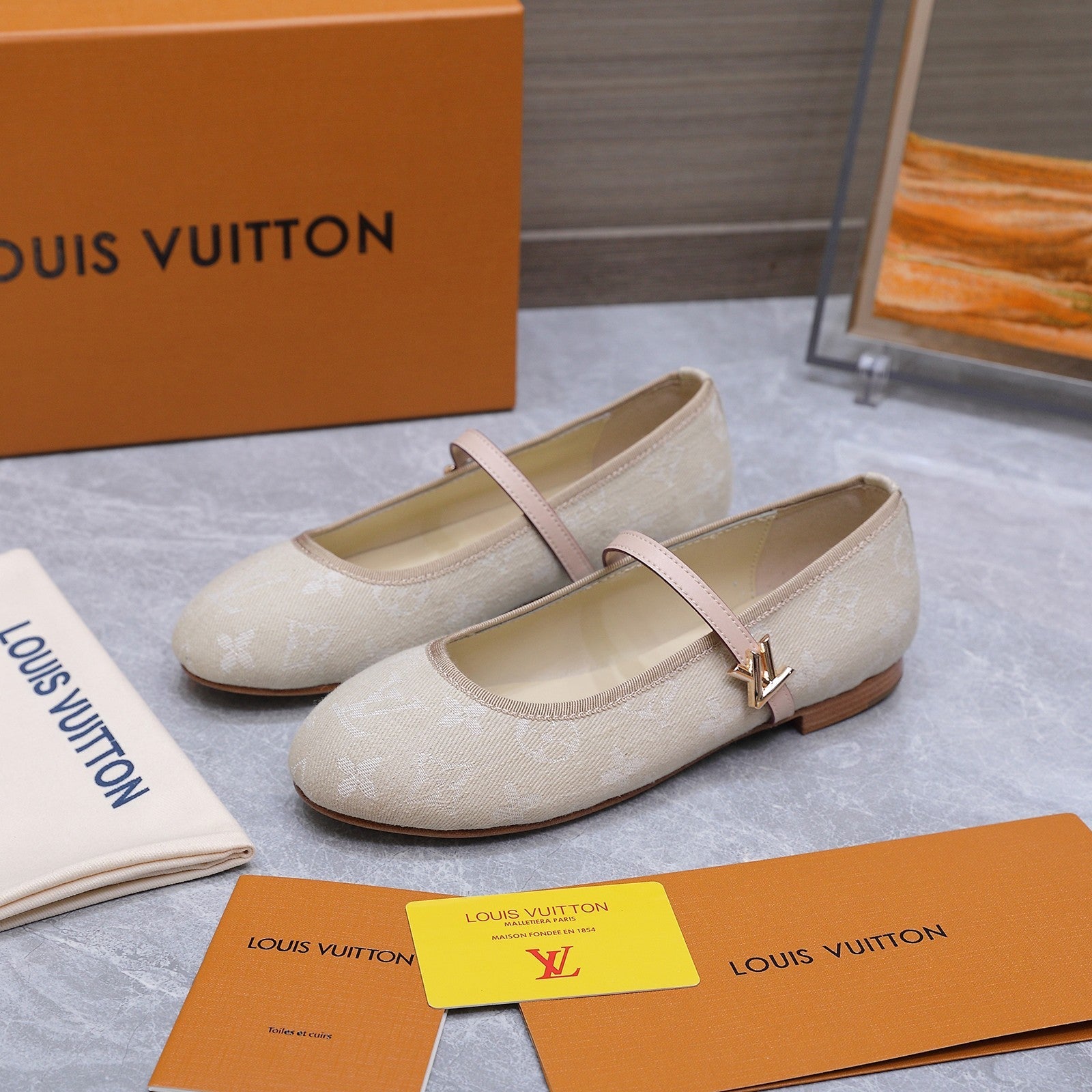 LV 26S MARY JANE FLATS IN BEIGE MONOGRAM DENIM WITH CALFSKIN STRAP