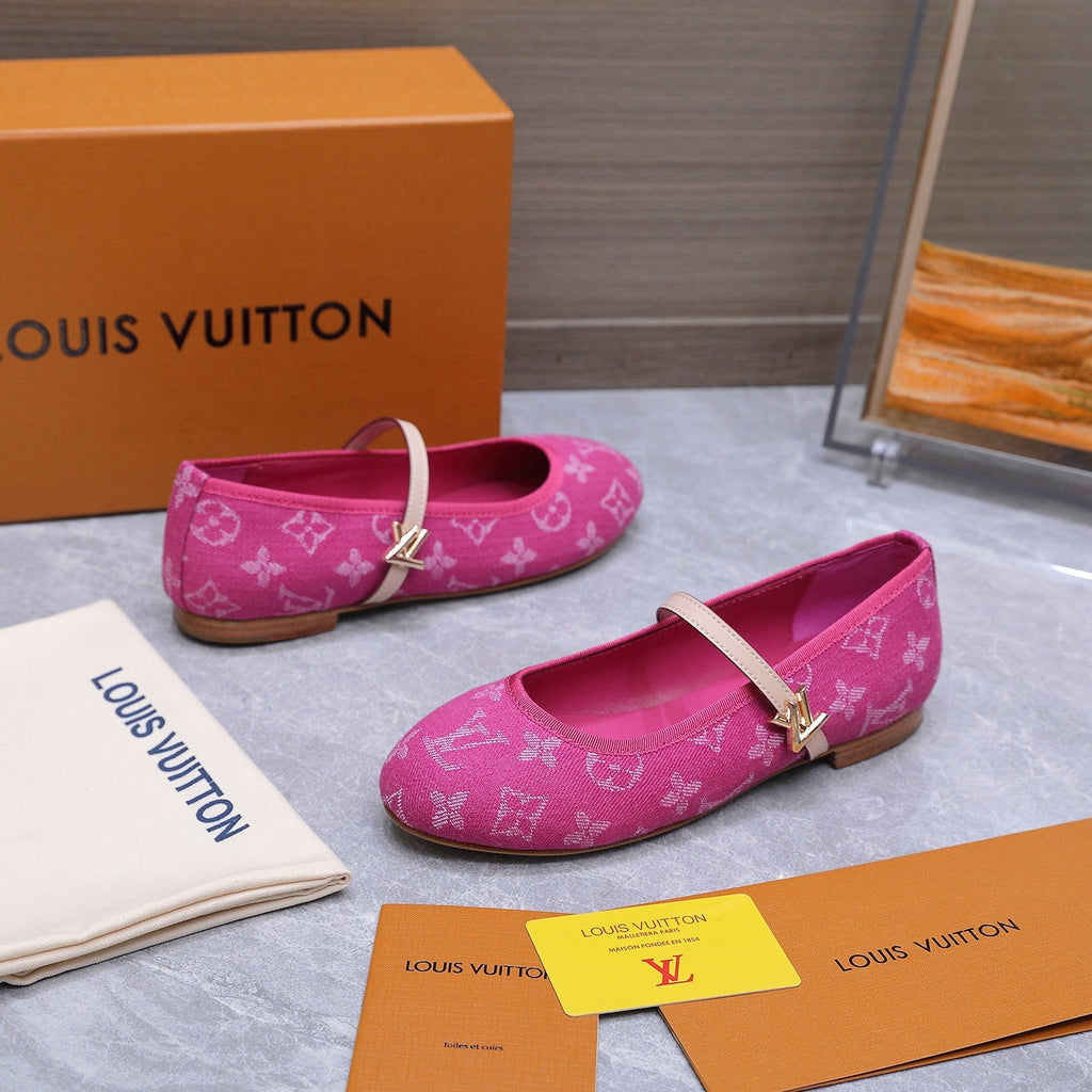 LV 26S MARY JANE FLATS IN HOT PINK MONOGRAM DENIM WITH CALFSKIN STRAP
