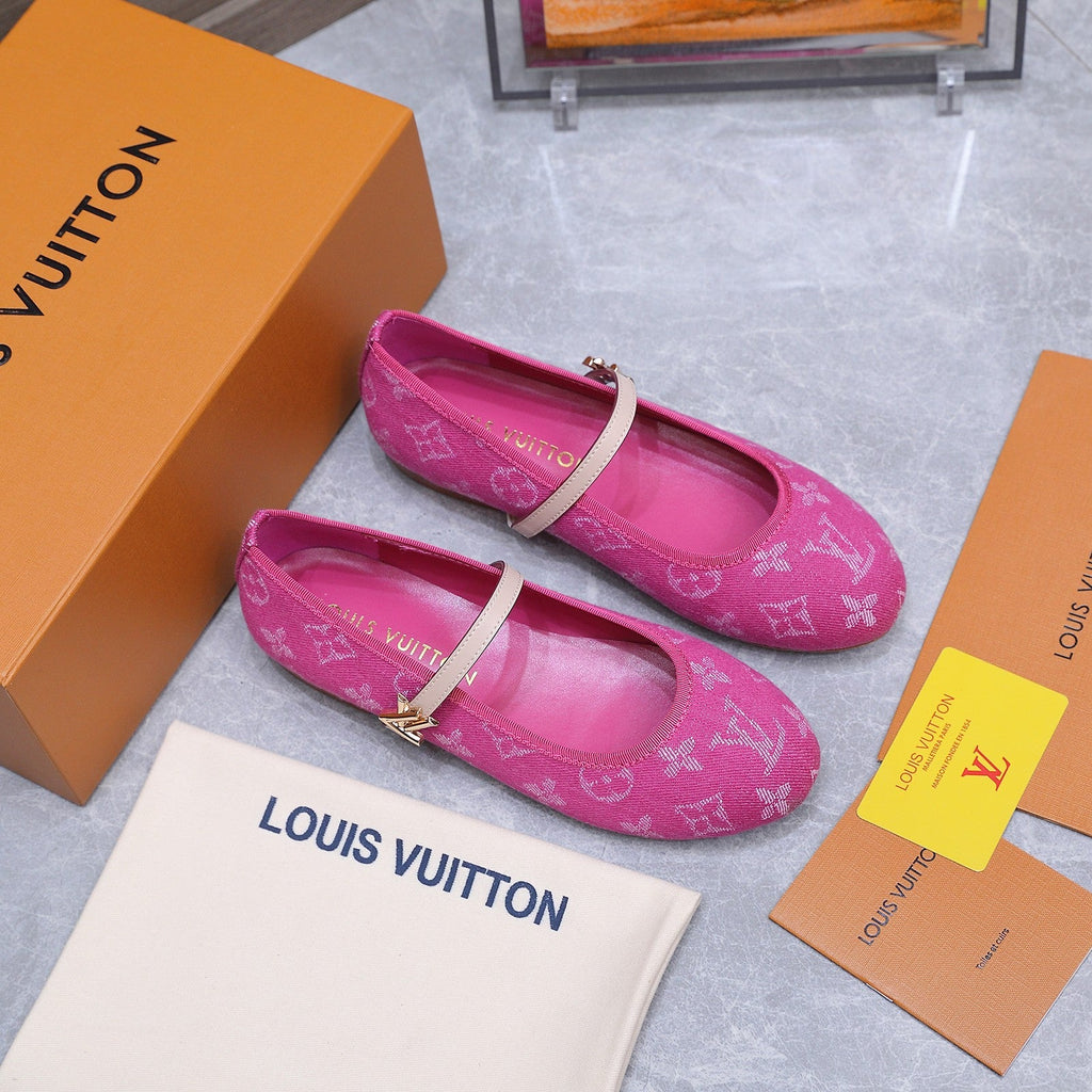 LV 26S MARY JANE FLATS IN HOT PINK MONOGRAM DENIM WITH CALFSKIN STRAP