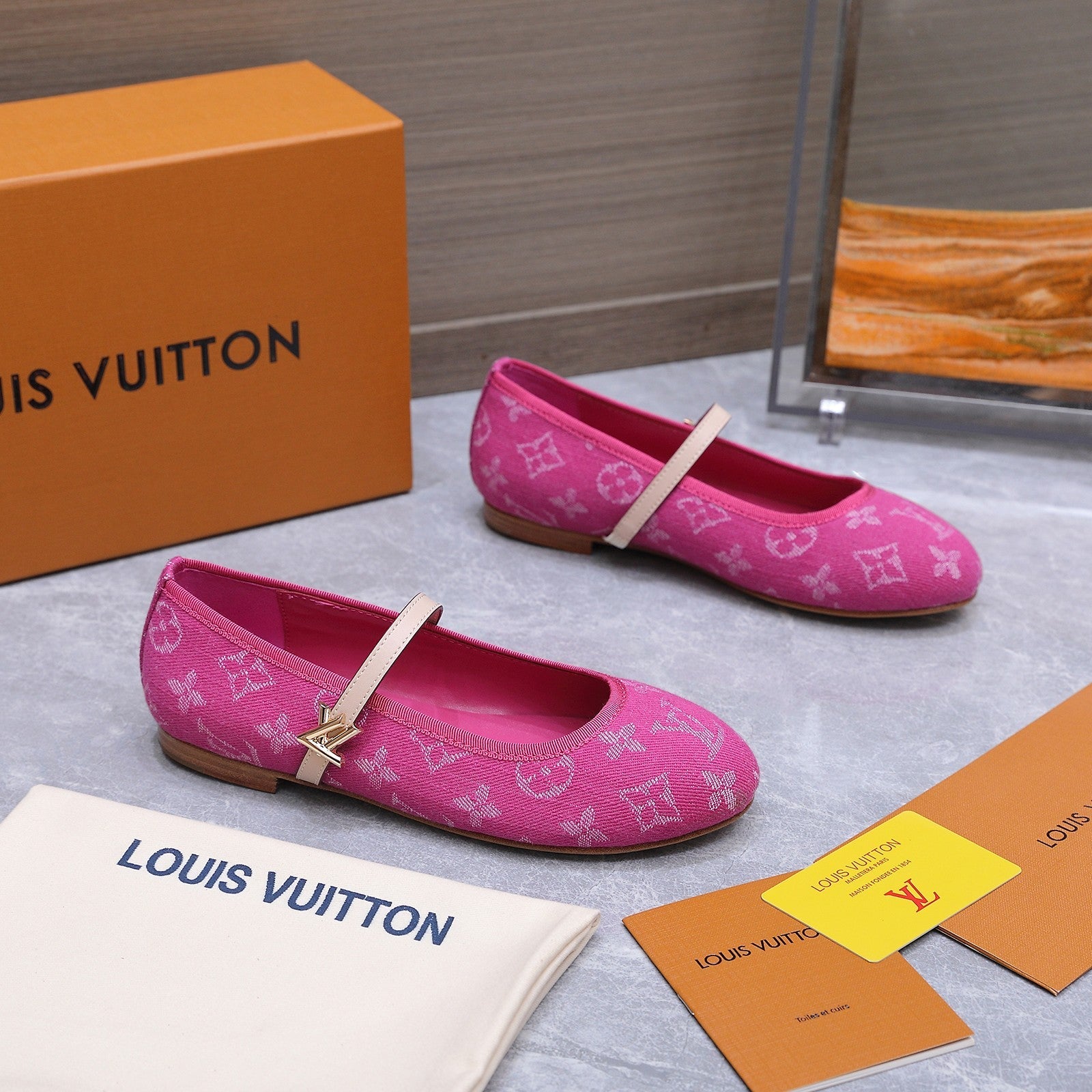 LV 26S MARY JANE FLATS IN HOT PINK MONOGRAM DENIM WITH CALFSKIN STRAP