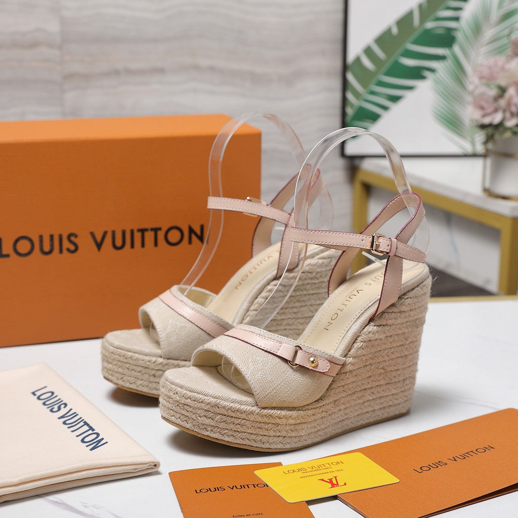LV 26S HELIOS WEDGE SANDAL 120MM IN BEIGE DENIM