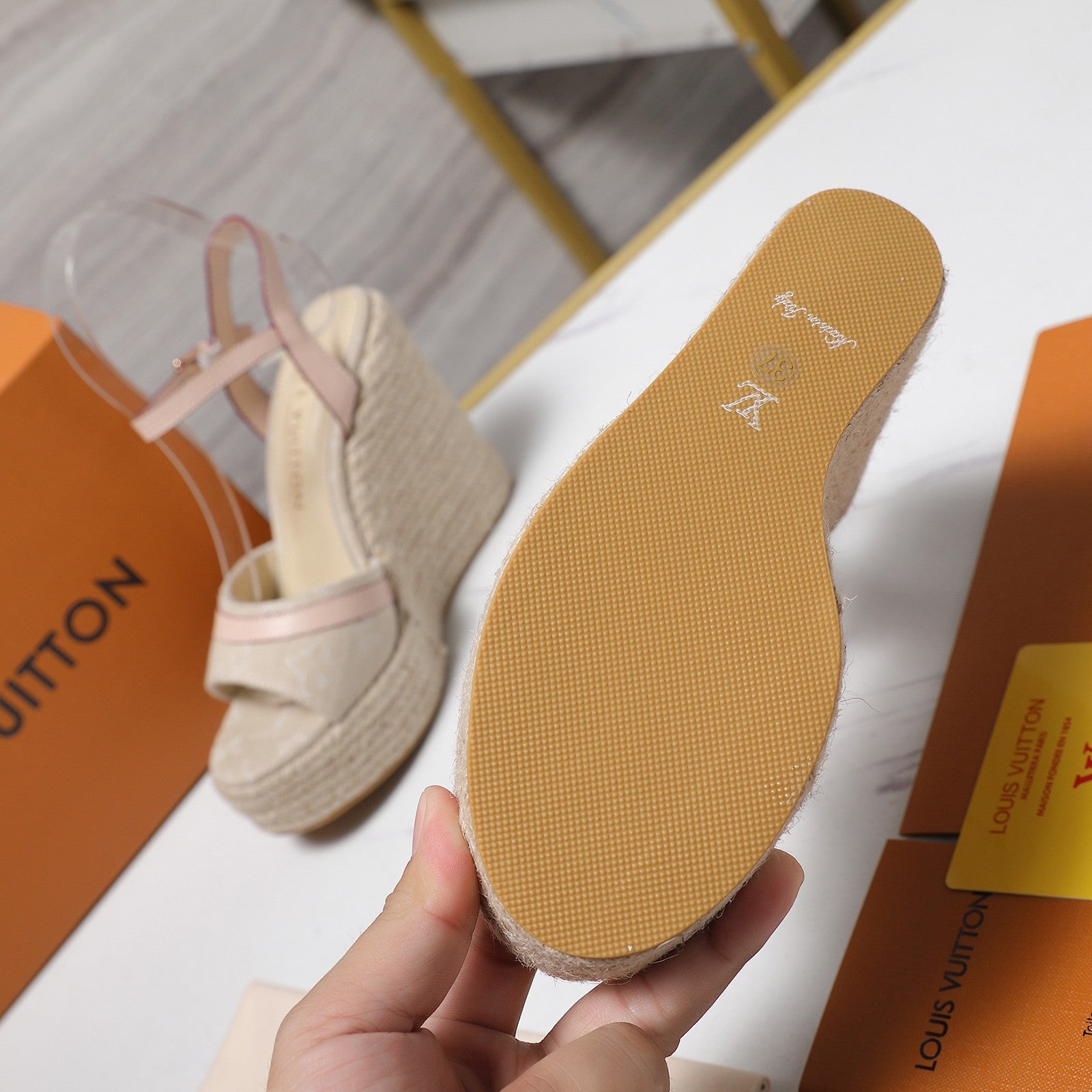 LV 26S HELIOS WEDGE SANDAL 120MM IN BEIGE DENIM