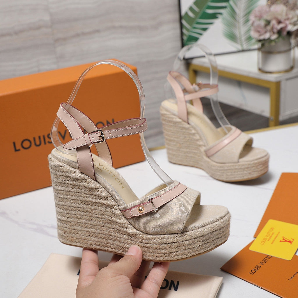 LV 26S HELIOS WEDGE SANDAL 120MM IN BEIGE DENIM