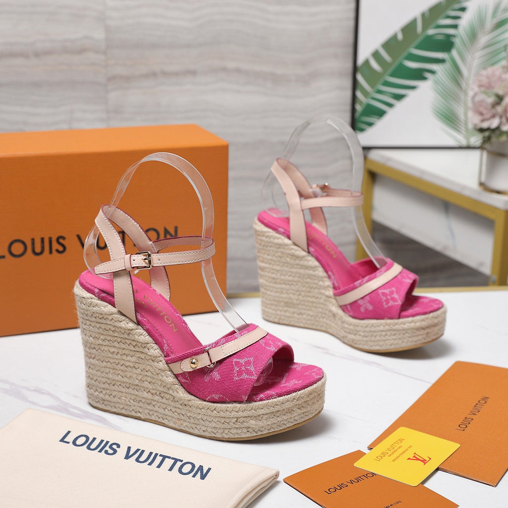 LV 26S HELIOS WEDGE SANDAL 120MM IN FUCHSIA PINK DENIM