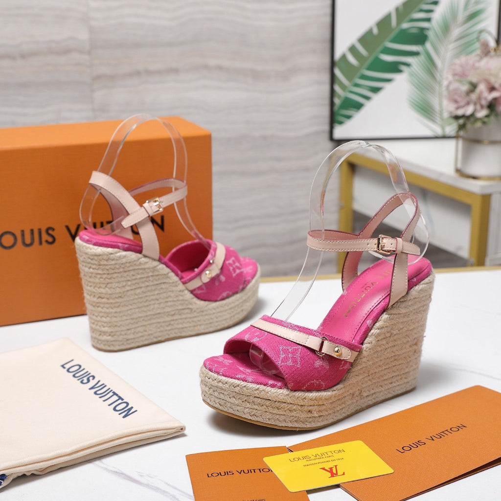 LV 26S HELIOS WEDGE SANDAL 120MM IN FUCHSIA PINK DENIM