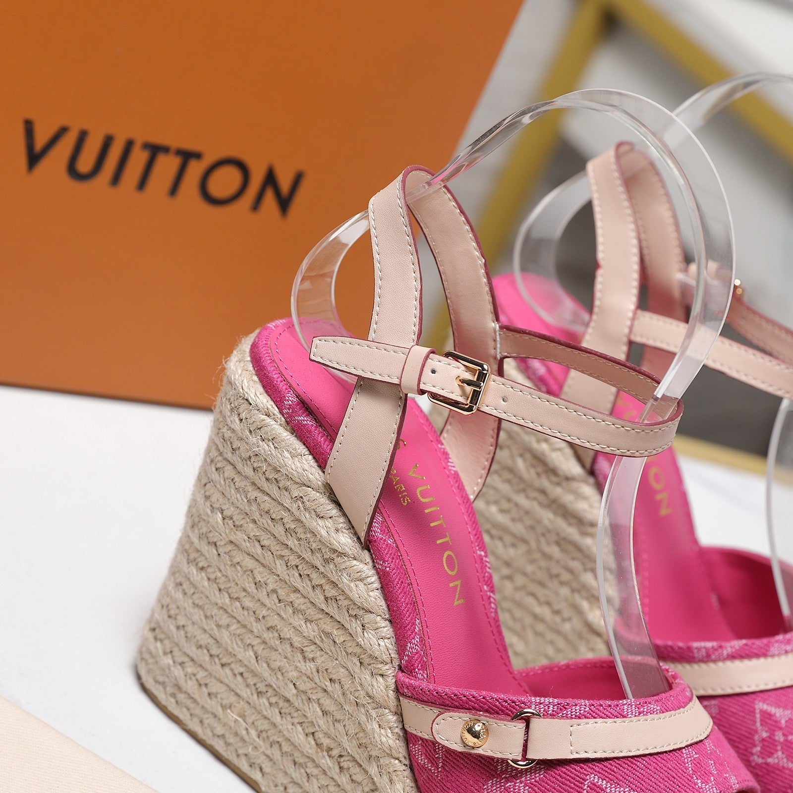 LV 26S HELIOS WEDGE SANDAL 120MM IN FUCHSIA PINK DENIM