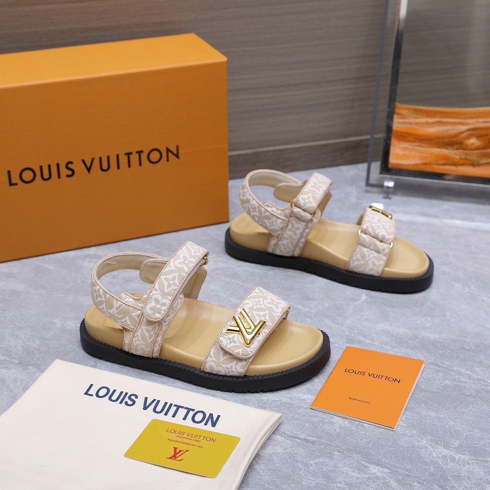 LV 26S SANDALS IN BEIGE MONOGRAM COATED FABRIC GOLD HARDWARE