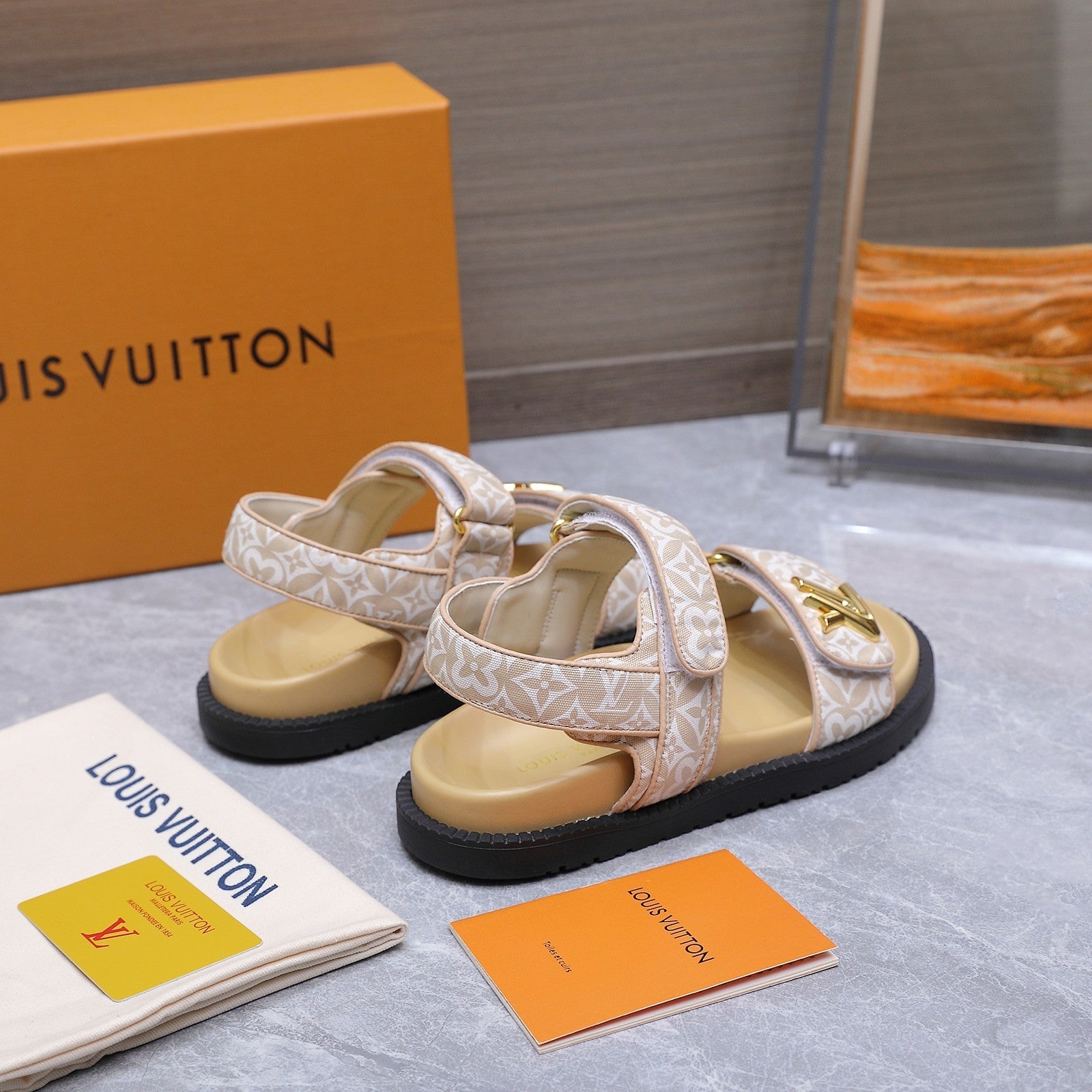 LV 26S SANDALS IN BEIGE MONOGRAM COATED FABRIC GOLD HARDWARE