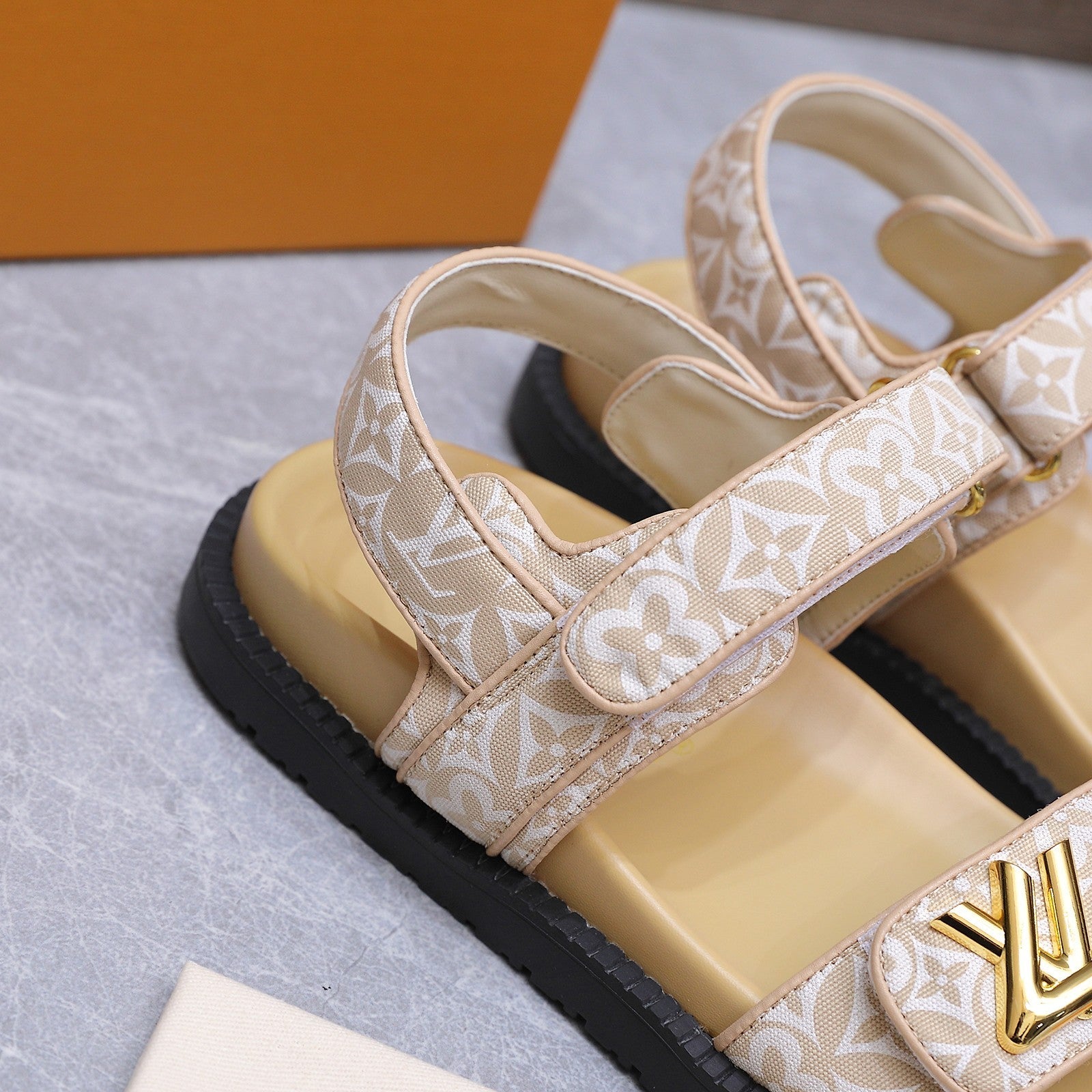 LV 26S SANDALS IN BEIGE MONOGRAM COATED FABRIC GOLD HARDWARE