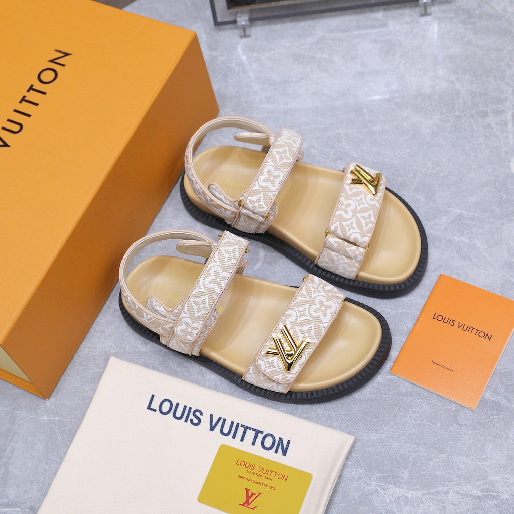 LV 26S SANDALS IN BEIGE MONOGRAM COATED FABRIC GOLD HARDWARE
