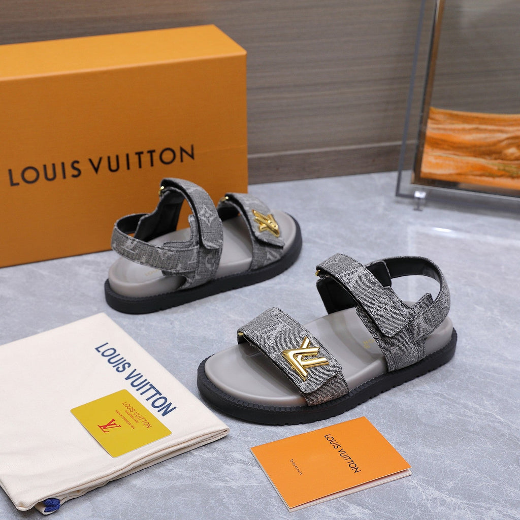 LV 26S SANDALS IN GREY MONOGRAM COATED DENIM GOLD HARDWARE
