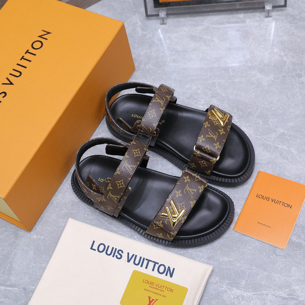 LV 26S SANDALS IN DARK BROWN MONOGRAM COATED CALFSKIN GOLD HARDWARE