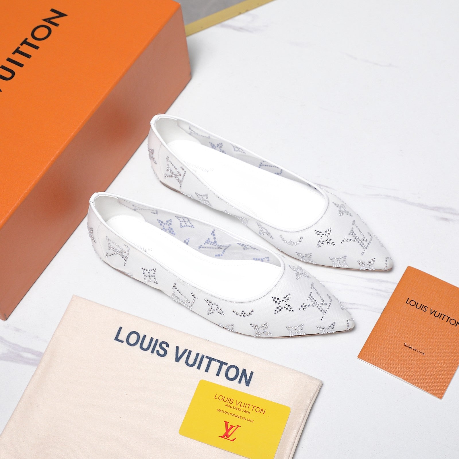 LV 26S GALA FLAT BALLERINA IN WHITE MESH WITH WITH RHINESTONES