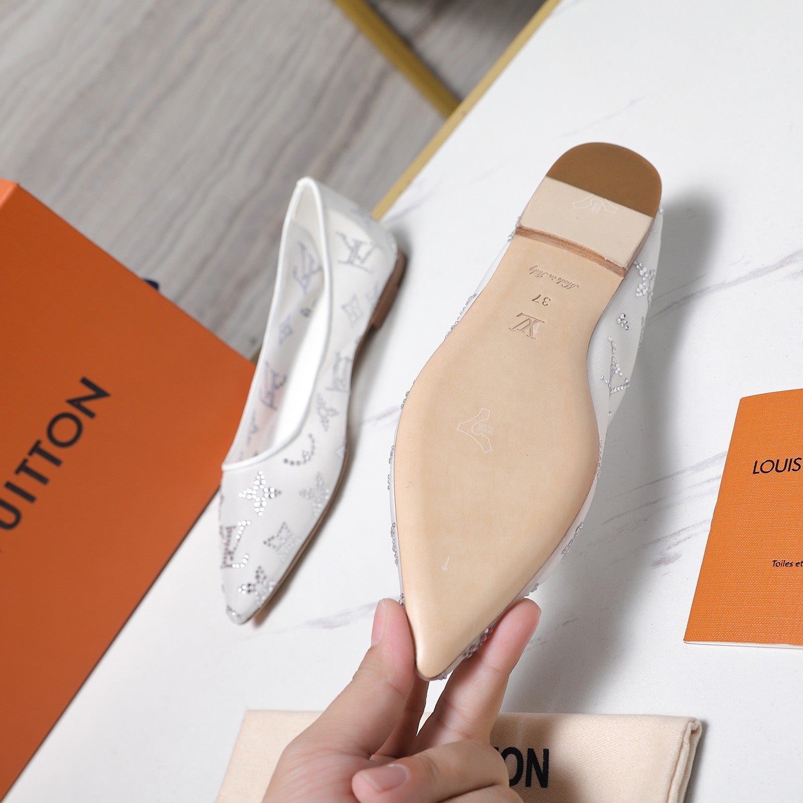 LV 26S GALA FLAT BALLERINA IN WHITE MESH WITH WITH RHINESTONES