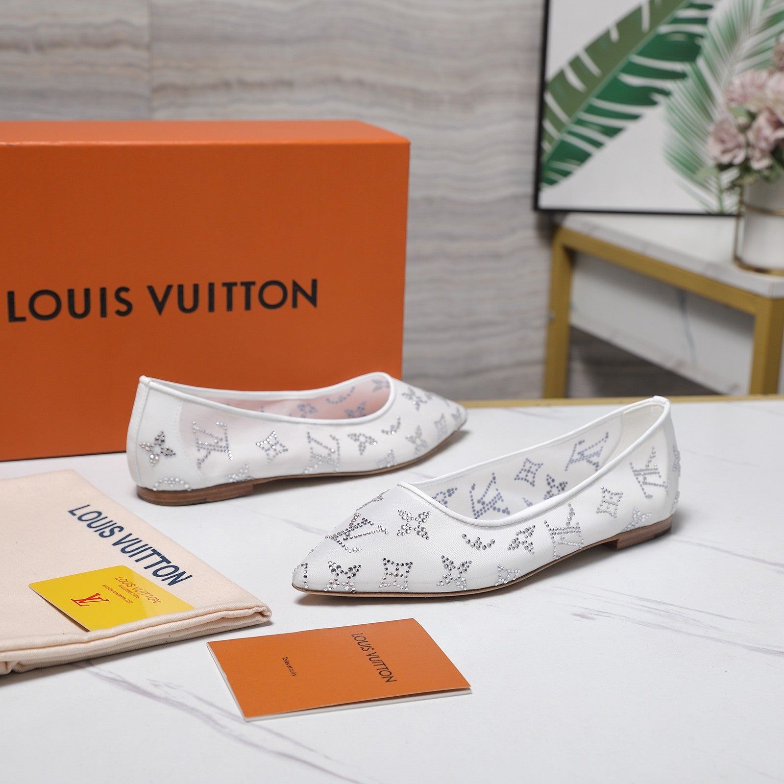 LV 26S GALA FLAT BALLERINA IN WHITE MESH WITH WITH RHINESTONES