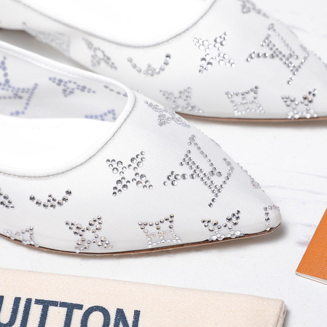 LV 26S GALA FLAT BALLERINA IN WHITE MESH WITH WITH RHINESTONES