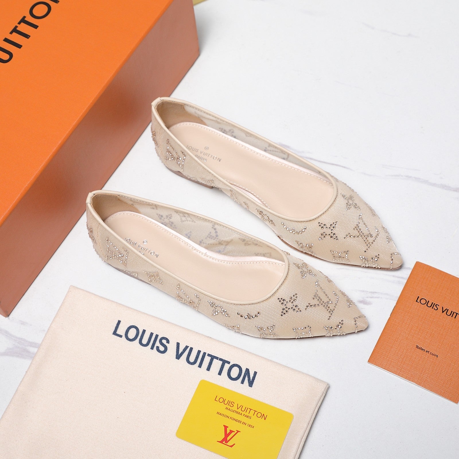 LV 26S GALA FLAT BALLERINA IN NUDE BEIGE MESH WITH WITH RHINESTONES