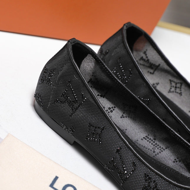 LV 26S GALA FLAT BALLERINA IN BLACK MESH WITH WITH RHINESTONES