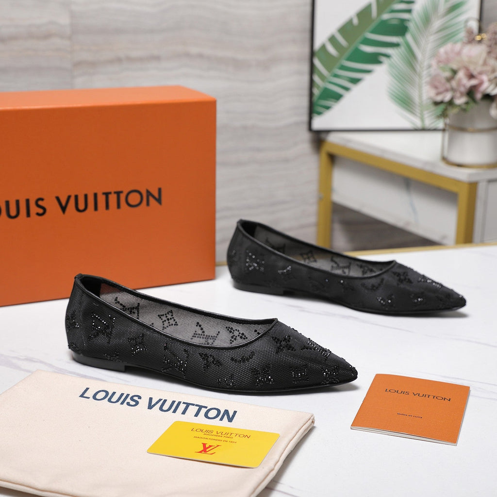 LV 26S GALA FLAT BALLERINA IN BLACK MESH WITH WITH RHINESTONES