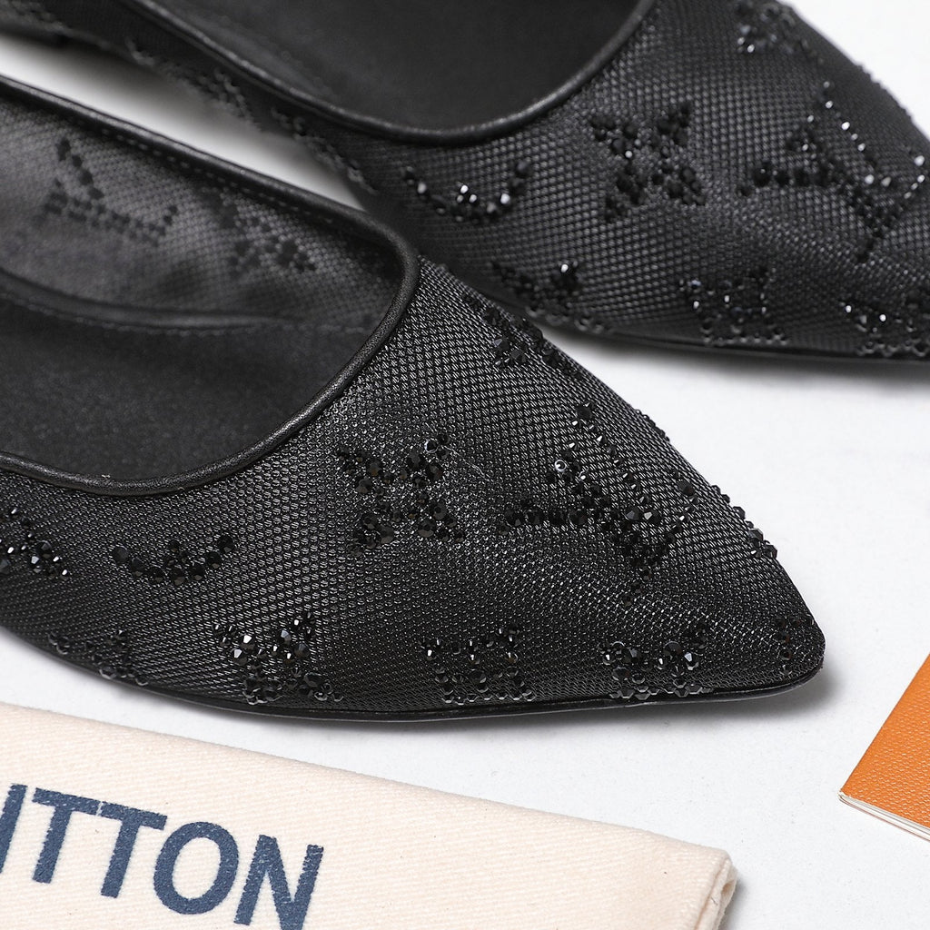 LV 26S GALA FLAT BALLERINA IN BLACK MESH WITH WITH RHINESTONES