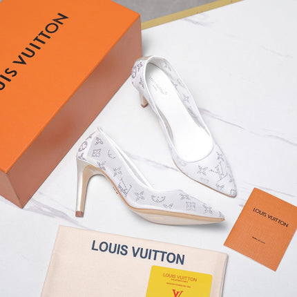 LV 26S GALA HIGH HEELS 85MM IN WHITE MESH WITH WITH RHINESTONES