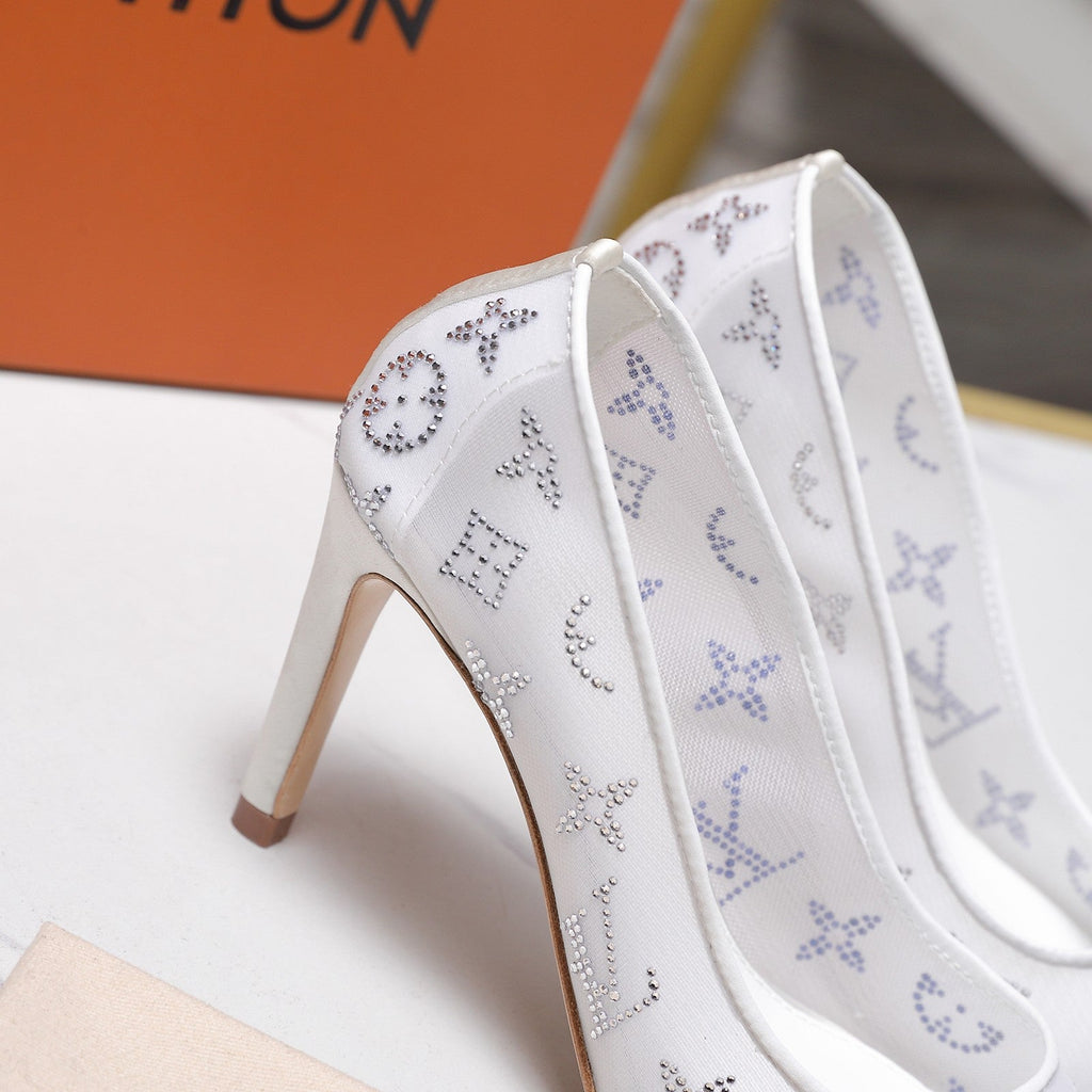 LV 26S GALA HIGH HEELS 85MM IN WHITE MESH WITH WITH RHINESTONES
