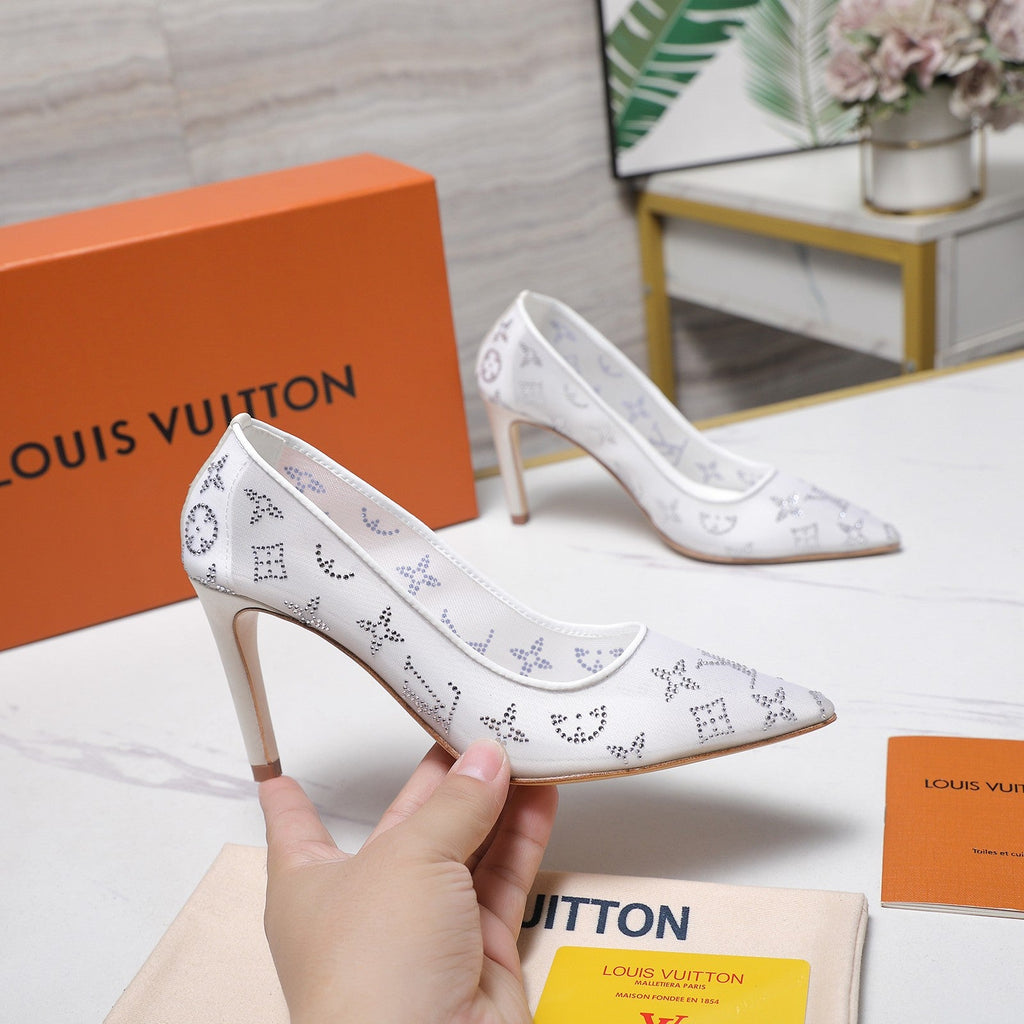 LV 26S GALA HIGH HEELS 85MM IN WHITE MESH WITH WITH RHINESTONES