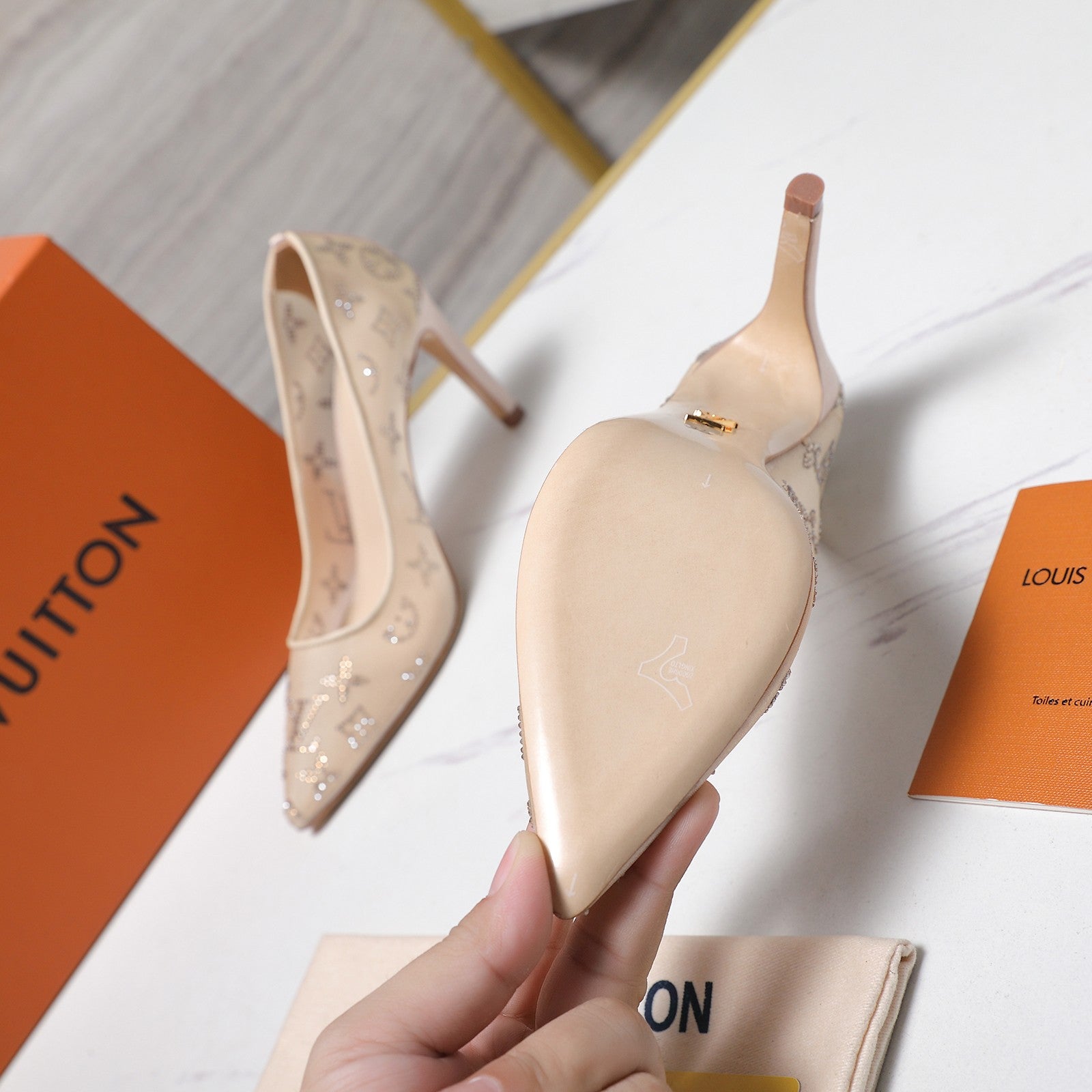 LV 26S GALA HIGH HEELS 85MM IN NUDE BEIGE MESH WITH WITH RHINESTONES