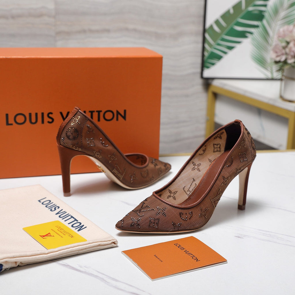 LV 26S GALA HIGH HEELS 85MM IN ORANGE BROWN MESH WITH WITH RHINESTONES