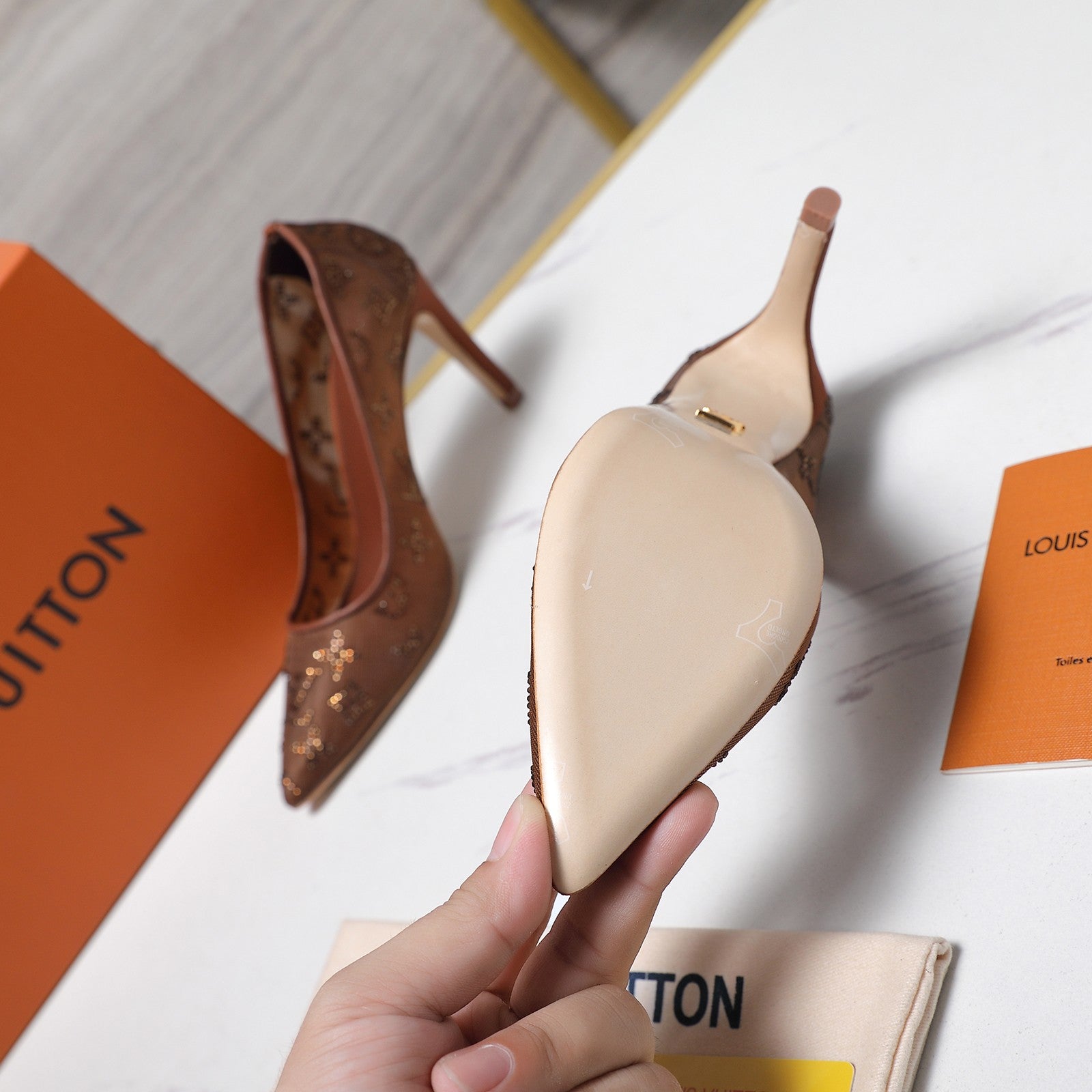 LV 26S GALA HIGH HEELS 85MM IN ORANGE BROWN MESH WITH WITH RHINESTONES