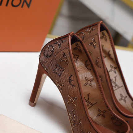 LV 26S GALA HIGH HEELS 85MM IN ORANGE BROWN MESH WITH WITH RHINESTONES