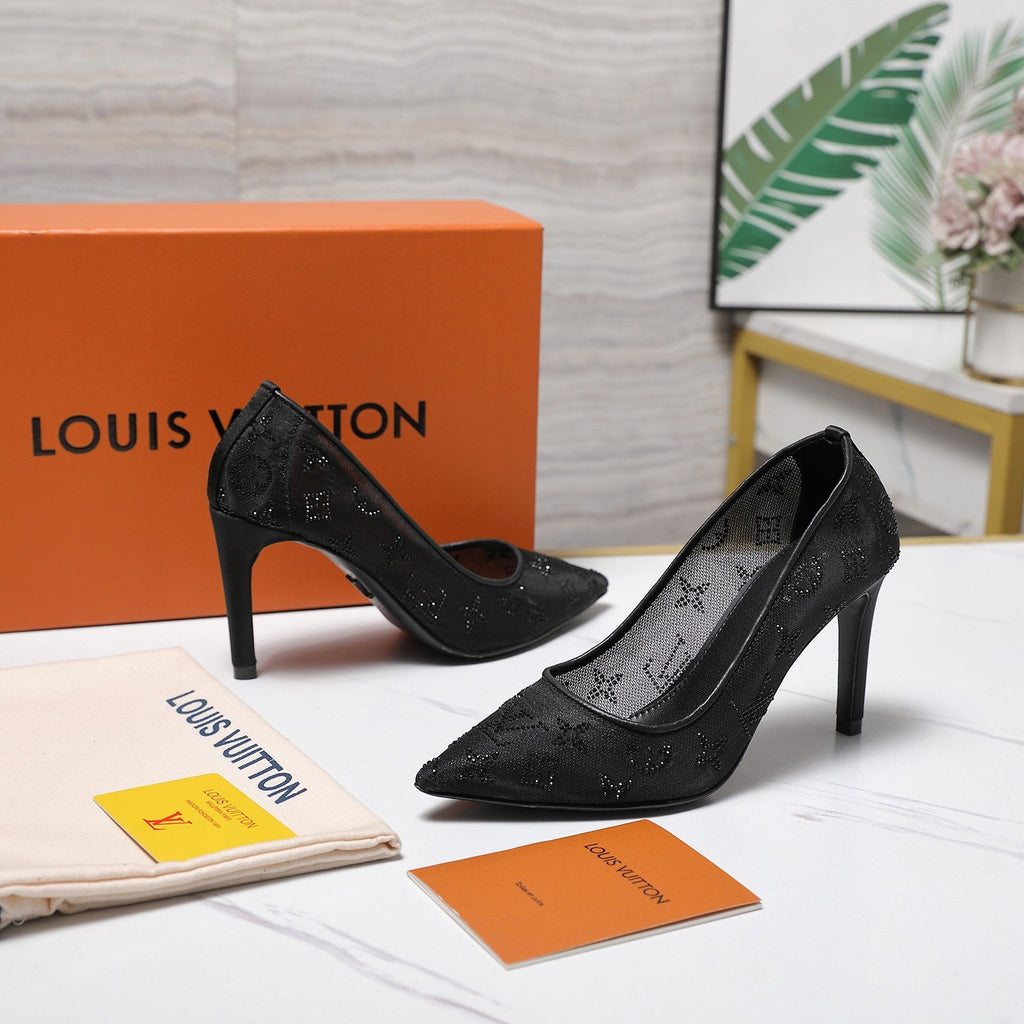 LV 26S GALA HIGH HEELS 85MM IN BLACK MESH WITH WITH RHINESTONES