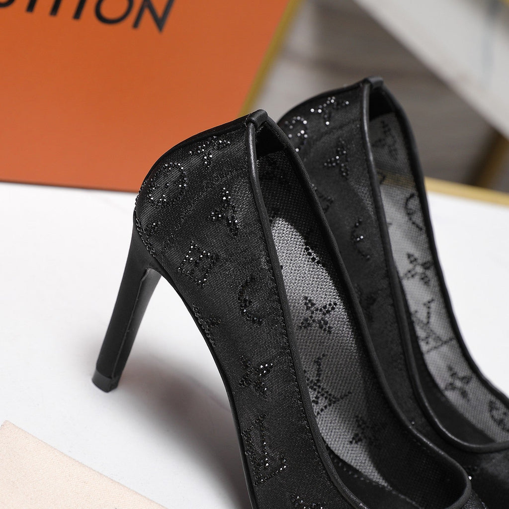LV 26S GALA HIGH HEELS 85MM IN BLACK MESH WITH WITH RHINESTONES
