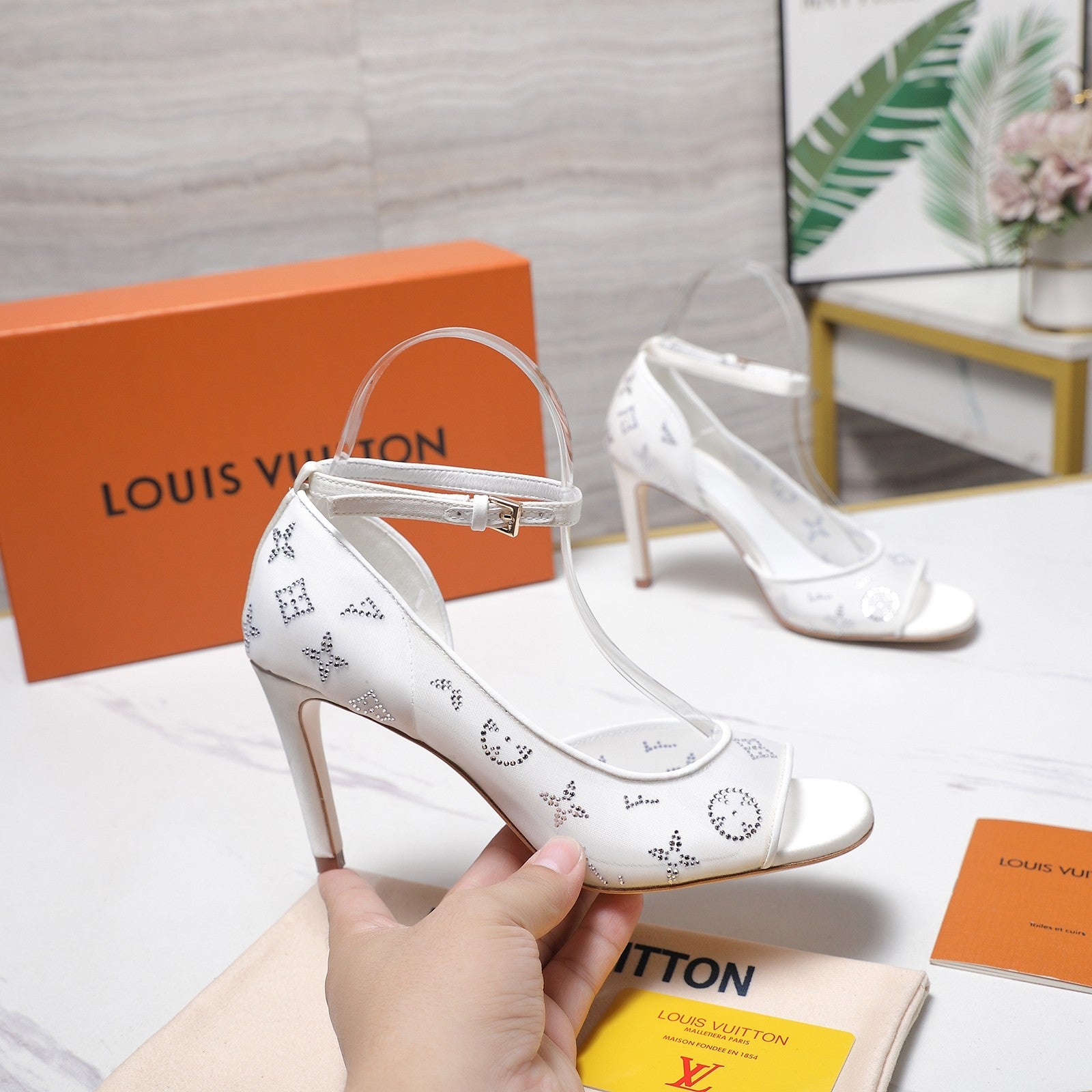 LV 26S GALA SANDAL 85MM IN WHITE MESH WITH WITH RHINESTONES