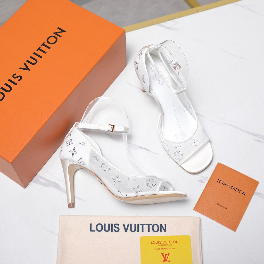 LV 26S GALA SANDAL 85MM IN WHITE MESH WITH WITH RHINESTONES