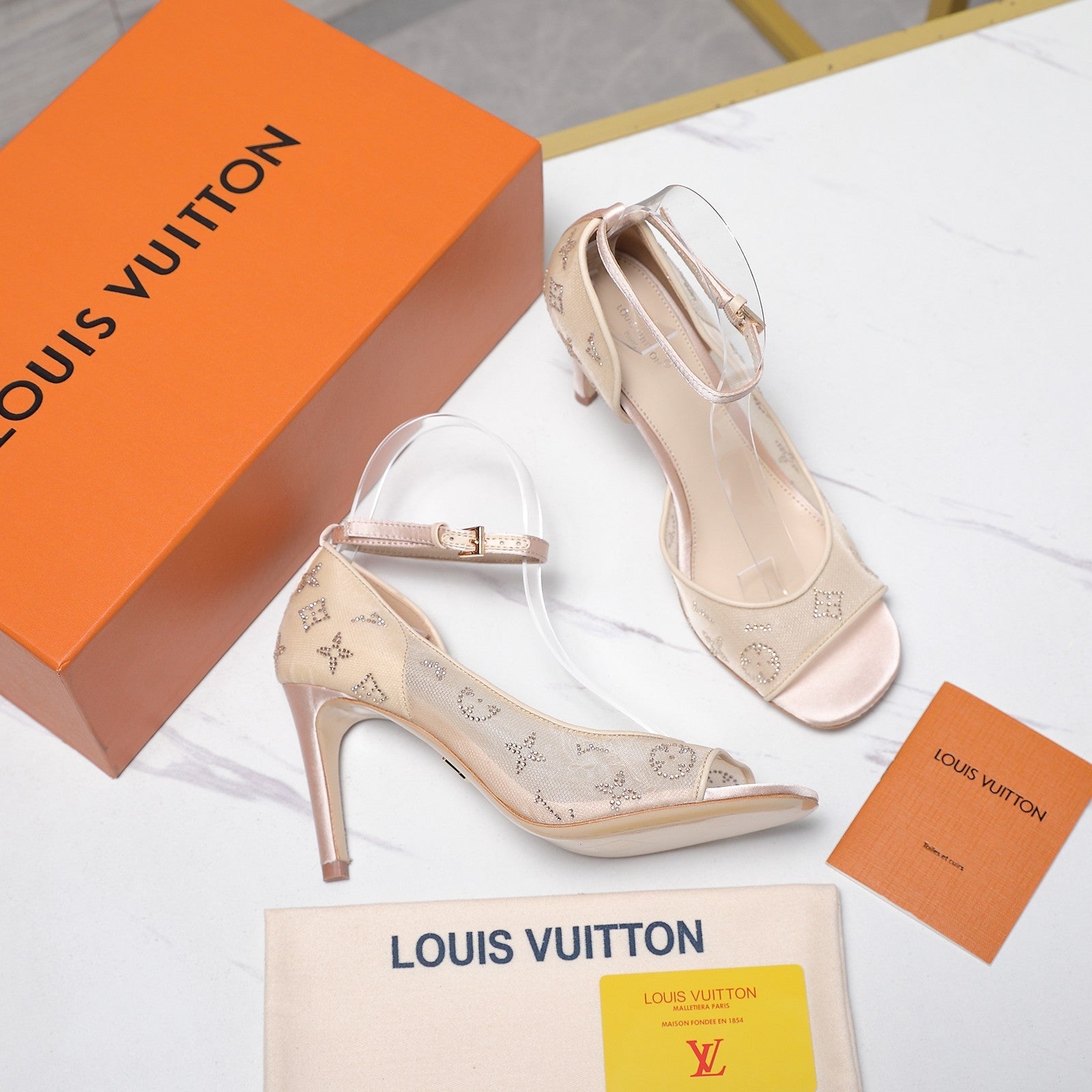 LV 26S GALA SANDAL 85MM IN NUDE BEIGE MESH WITH WITH RHINESTONES
