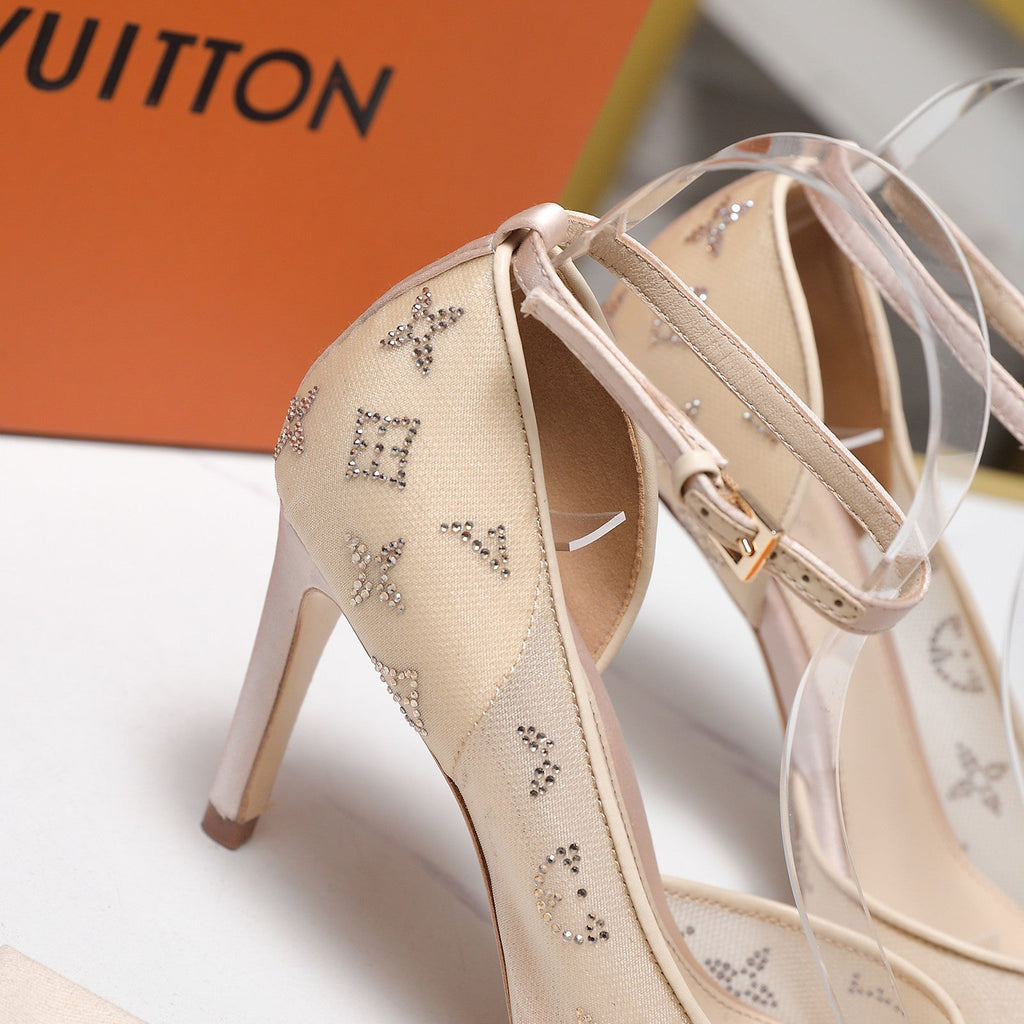 LV 26S GALA SANDAL 85MM IN NUDE BEIGE MESH WITH WITH RHINESTONES