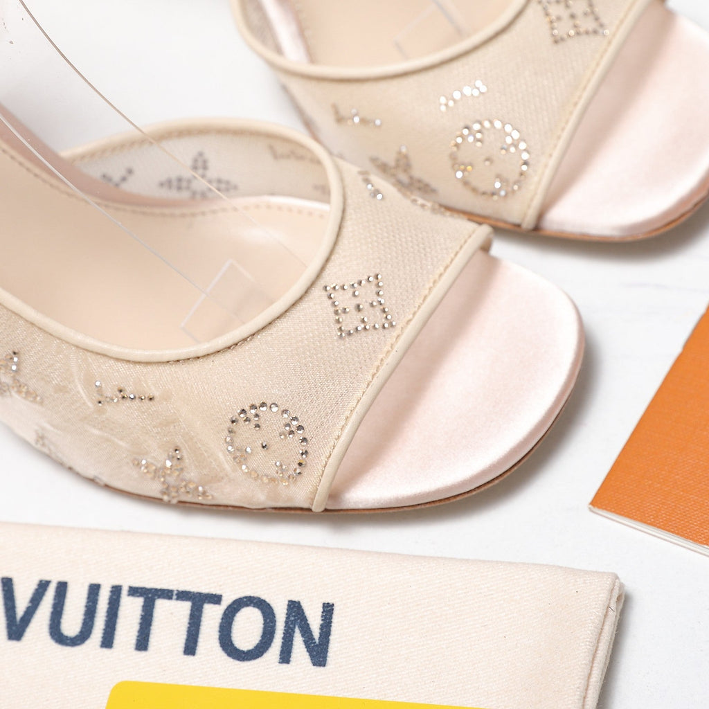 LV 26S GALA SANDAL 85MM IN NUDE BEIGE MESH WITH WITH RHINESTONES