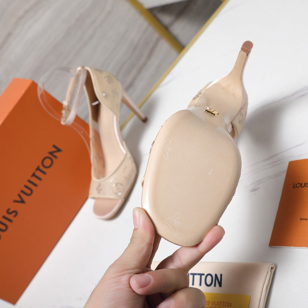 LV 26S GALA SANDAL 85MM IN NUDE BEIGE MESH WITH WITH RHINESTONES