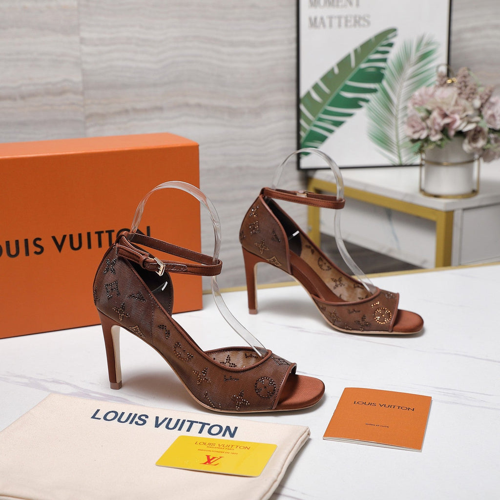 LV 26S GALA SANDAL 85MM IN ORANGE BROWN MESH WITH WITH RHINESTONES