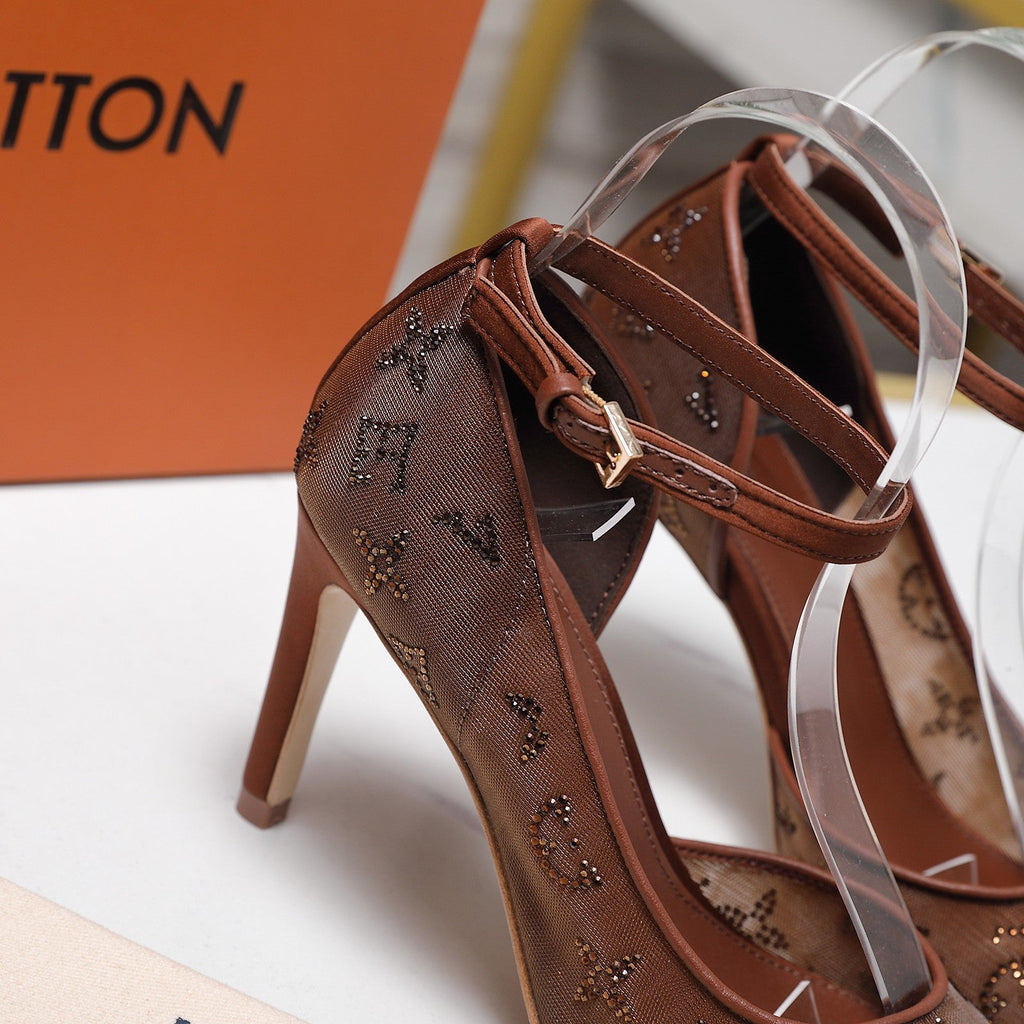 LV 26S GALA SANDAL 85MM IN ORANGE BROWN MESH WITH WITH RHINESTONES