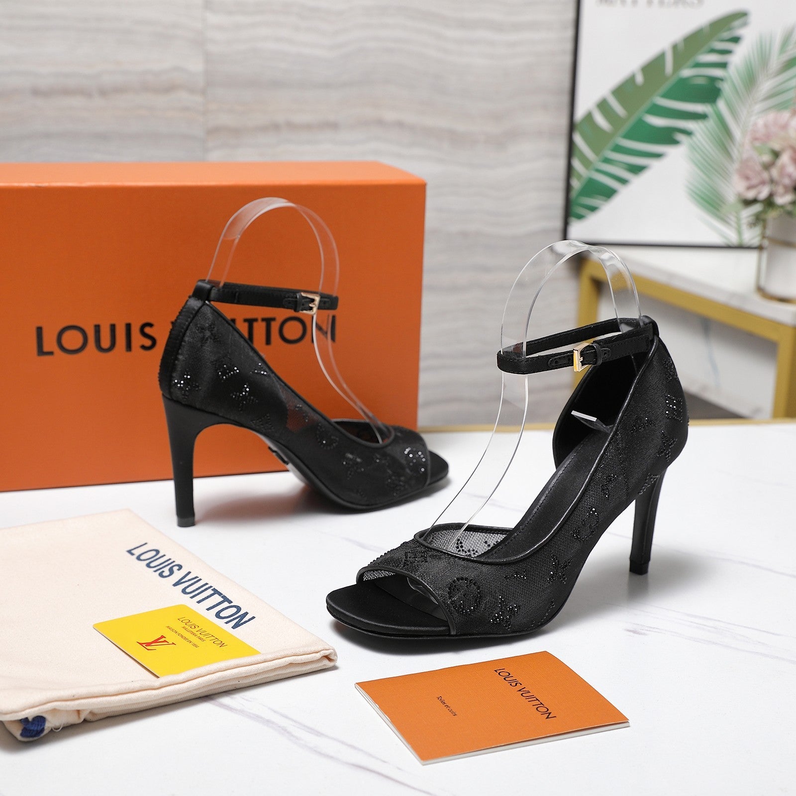LV 26S GALA SANDAL 85MM IN BLACK MESH WITH WITH RHINESTONES