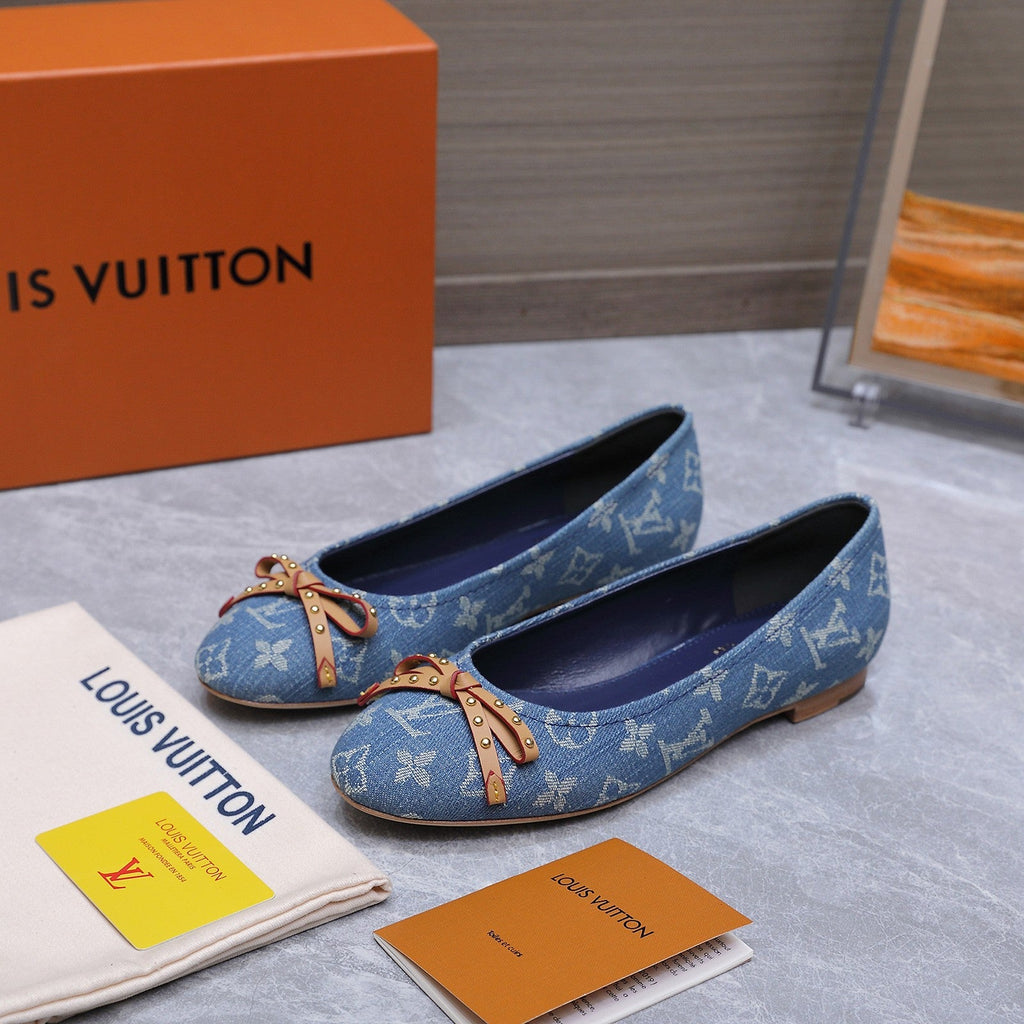 LV 26S BALLET FLATS IN SKY BLUE MONOGRAM DENIM WITH BOW