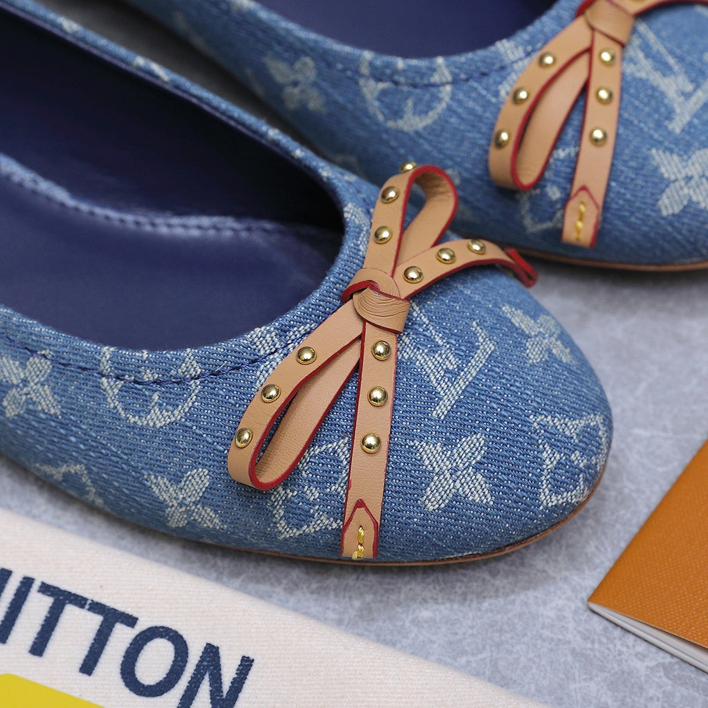 LV 26S BALLET FLATS IN SKY BLUE MONOGRAM DENIM WITH BOW